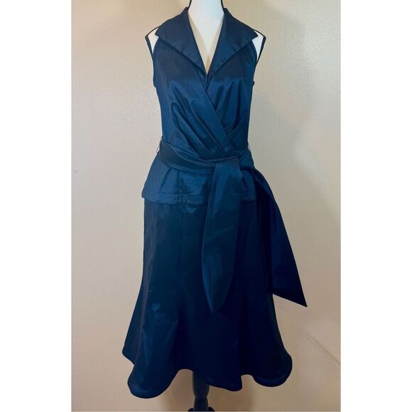 Tadashi Collection Shoji Navy Taffeta Collard Sleeveless Cocktail Midi Dress 12 - Picture 1 of 8
